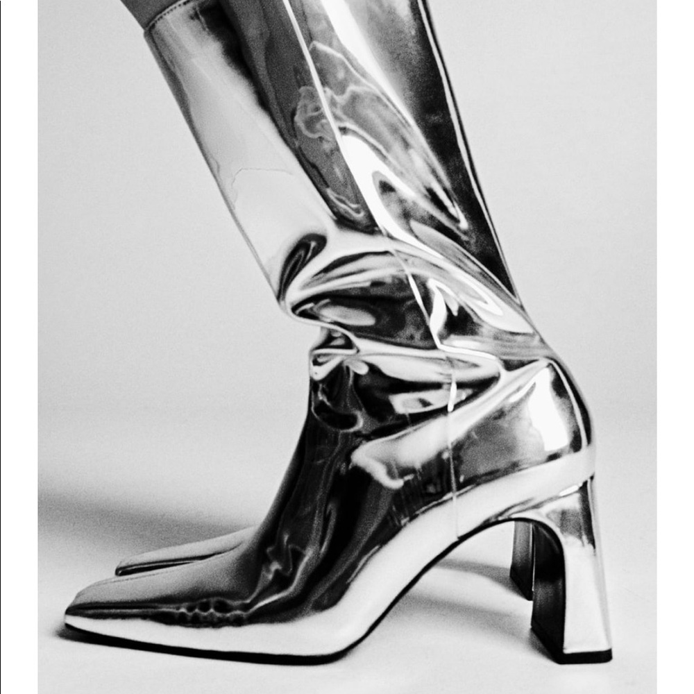NEW Zara Metallic Heeled Leather Boots - Picture 2 of 10